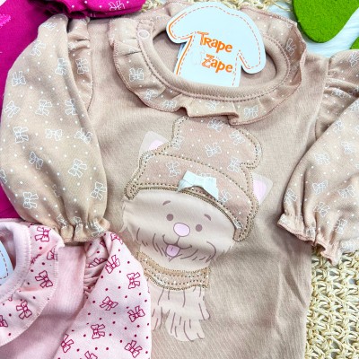 Kit 3 Peças - Bodys Manga Longa Gatinha, Cachorrinha e Pinguim - Bordo, Rosa e Areia
